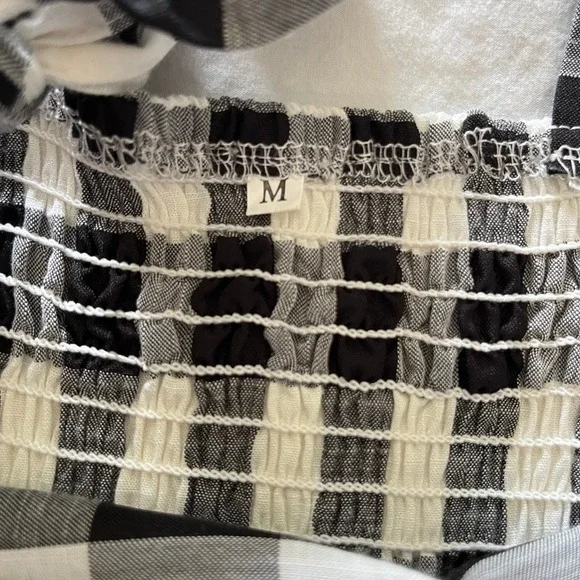 Gingham Tiered Maxi Dress Black White Tie Shoulder Smocked Back M Cottagecore - Picture 6 of 7